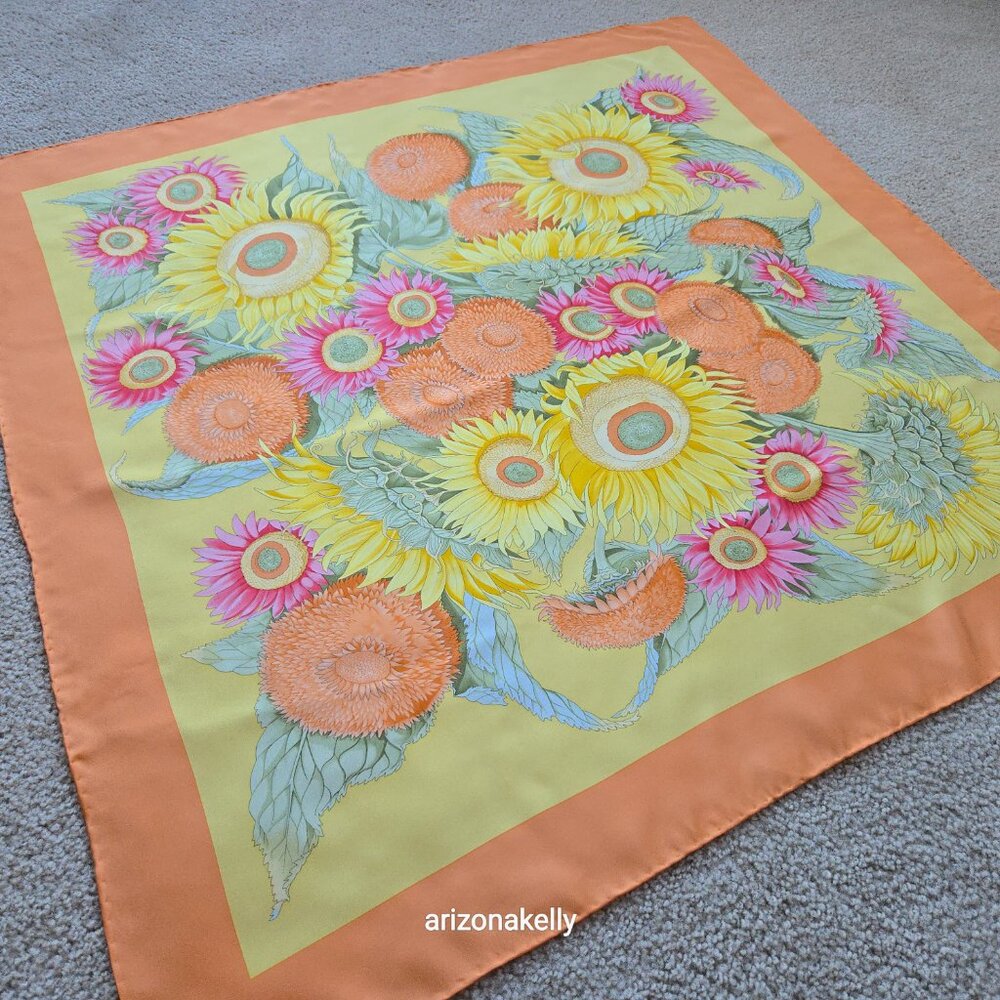 Large Silk Twill Scarf Hand-Rolled Sunflowers Floral Orange Yellow - Picture 10 of 12